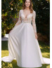 Beaded Ivory Lace Satin Sheer Back Modern Wedding Dress